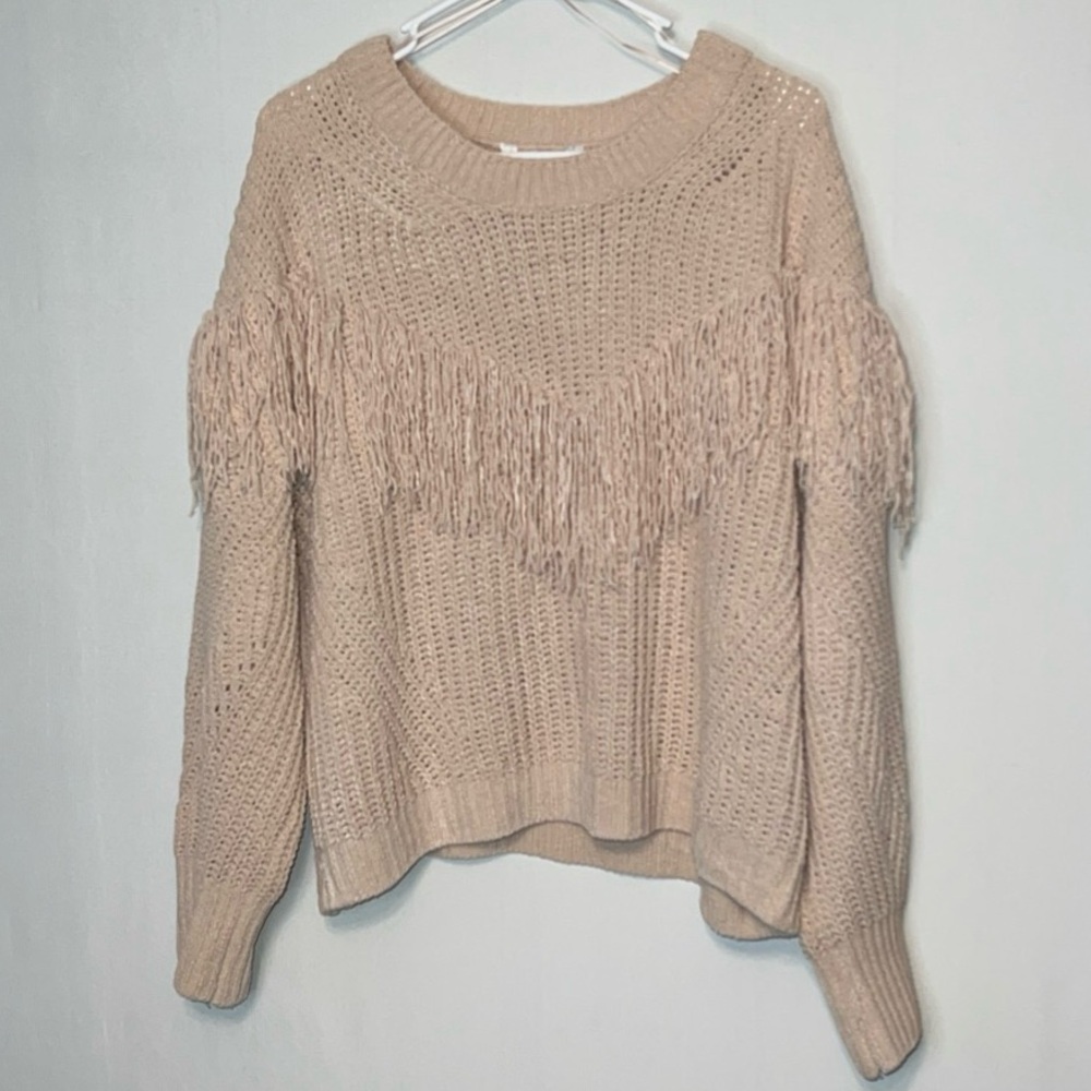 NO BOUNDARIES Womens Size XXL (19) Fringed Long Sleeve Beige Sweater Cropped.